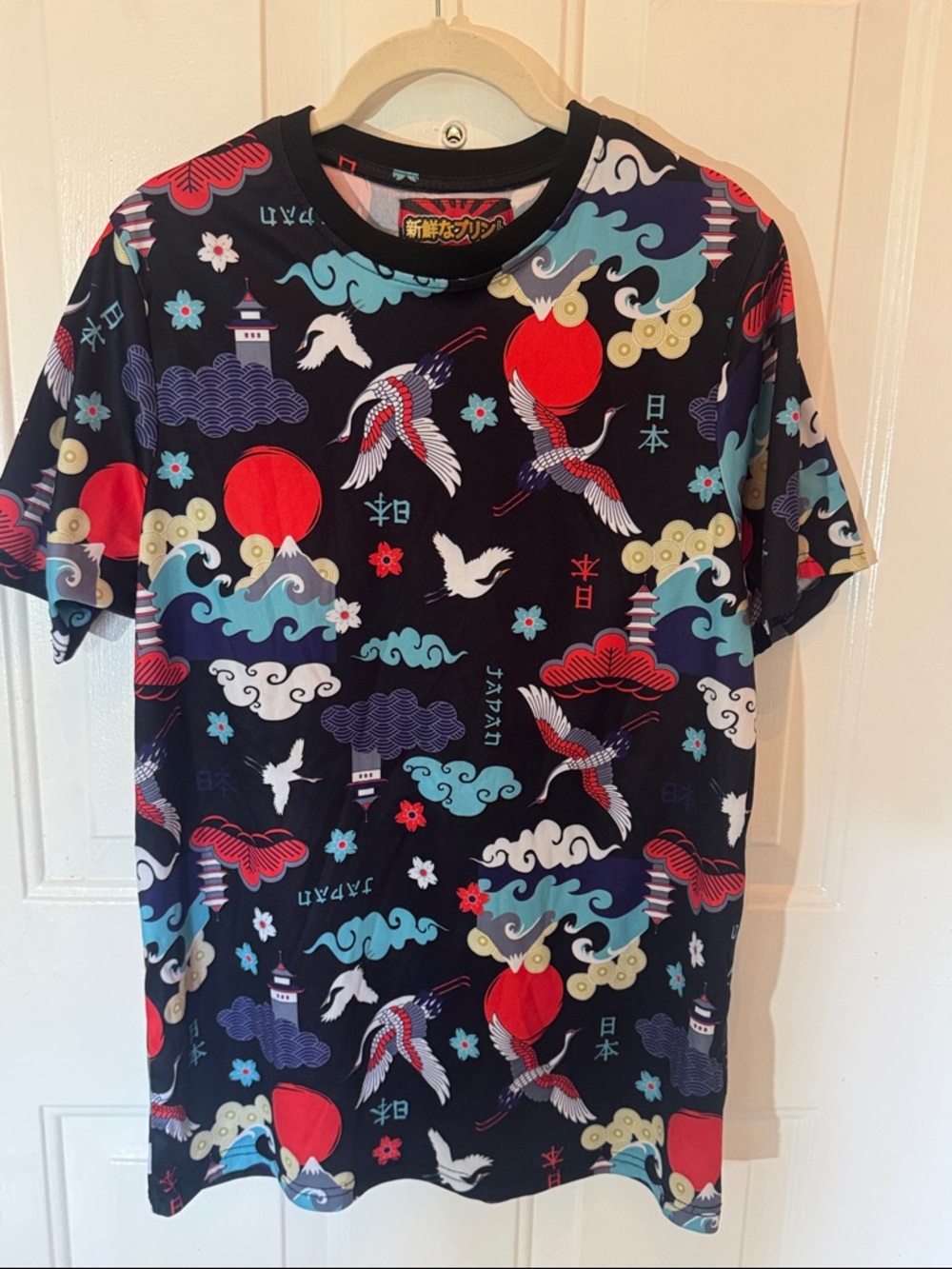 Men's Short Sleeve Graphic Tee - Black with Red & Blue Japanese Motif